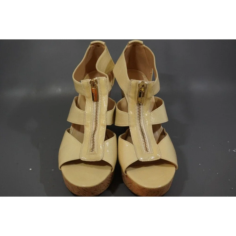 Michael Kors Damita 9.5M Tan Leather Cork Wedge Espadrille T-Strap Sandals Logo
